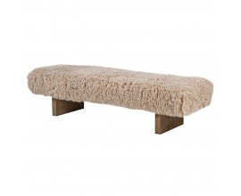 Glamour moderná lavica Cloudy s obdĺžnikovým kožušinovým sedadlom v taupé hnedej farbe a drevenými plochými nohami