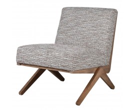 Retro kreslo Axis s nízkou konštrukciou so sivým poťahom z viskózy a orechovou hnedou drevenou konštrukciou s kríženými nohami bez bočných opierok