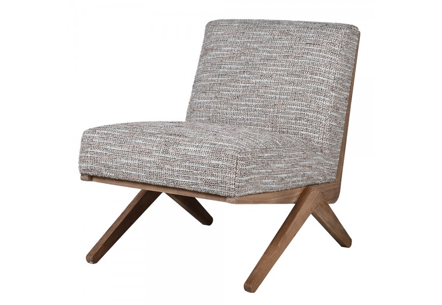 Retro kreslo Axis s nízkou konštrukciou so sivým poťahom z viskózy a orechovou hnedou drevenou konštrukciou s kríženými nohami bez bočných opierok