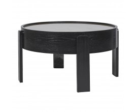 Art deco konferenčný stolík Mirage s čiernou konštrukciou a povrchom zo shagreen kože pod sklom v hnedej a béžovej farbe