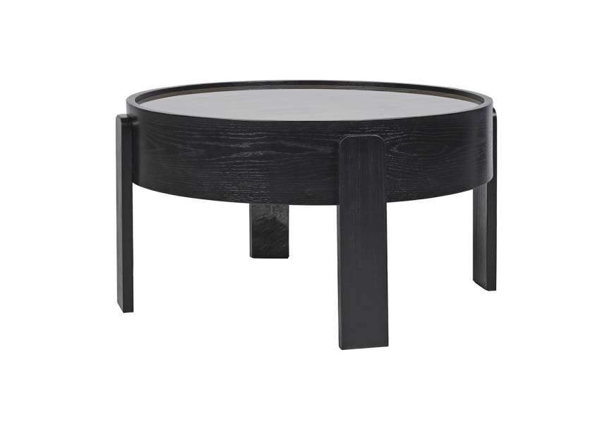 Art deco konferenčný stolík Mirage s čiernou konštrukciou a povrchom zo shagreen kože pod sklom v hnedej a béžovej farbe