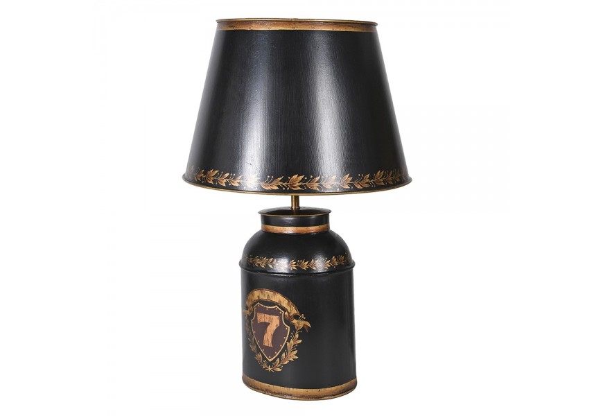 Retro kovová nočná lampa Eloise v čiernej a zlatej farbe s valcovou nohou a tienidlom so zlatými maľovanými detailmi
