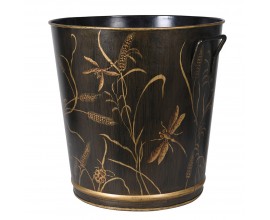 Vintage okrúhle čierne dekoratívne vedro Eloise zo železa s kresbou s prírodnými motívmi v zlatej farbe s dvomi dekoratívnymi úchytkami