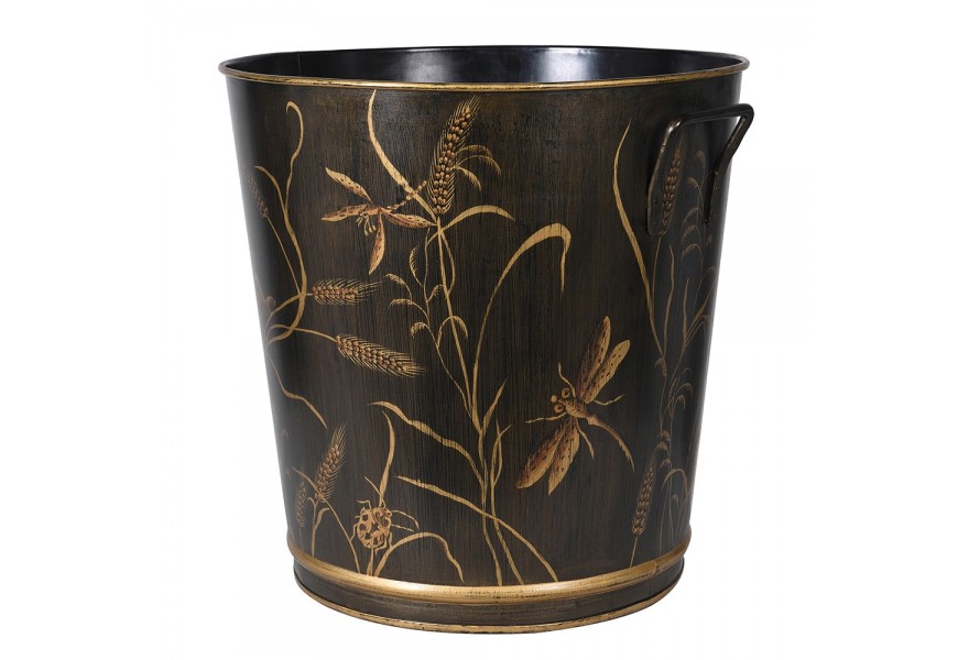 Vintage okrúhle čierne dekoratívne vedro Eloise zo železa s kresbou s prírodnými motívmi v zlatej farbe s dvomi dekoratívnymi úchytkami