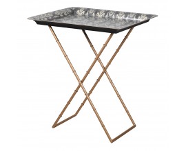 Glamour modrý obdĺžnikový servírovací stolík Mirano s dekoratívnou kresbou zo železa v zlatej farbe s prekríženými nohami 80 cm