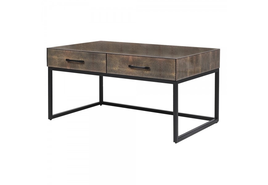 Industriálny konferenčný stolík Baron s hnedým povrchom so shagreenovým dizajnom a čiernou kovovou konštrukciou 90 cm