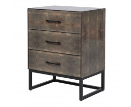 Industriálna hnedá komoda Baron s povrchom so shangreenovým dizajnom a čiernou kovovou konštrukciou s tromi zásuvkami 67 cm