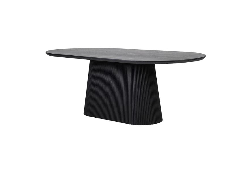 Luxusný art deco oválny jedálenský stôl Nero s čiernym dubovým povrchom a reliéfnou oválnou nohou s drážkami