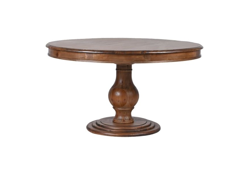 Luxusný koloniálny okrúhly jedálenský stôl Vina z masívneho dreva v hnedom odtieni a vyrezávanou nohou v tvare vázy s kaskádovou podstavou