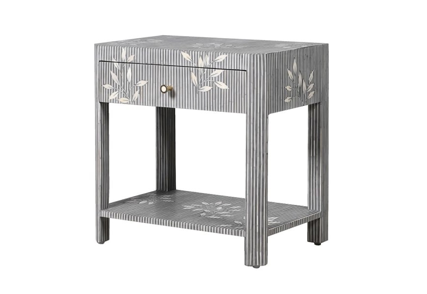 Luxusný vintage nočný stolík Liora v obdĺžnikovom tvare v sivo bielej farbe so zásuvkou a poličkou z mangového dreva a ťavej kosti s pásikavým vzorom a florálnym motívom