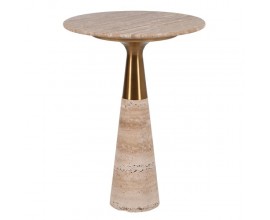 Luxusný art deco mramorový okrúhly príručný stolík Lucenzo s kužeľovou béžovou nohou a zlatým kovovým detailom 56 cm