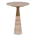 Glamour okrúhly príručný stolík Lucenzo z mramoru v béžovej farbe so zlatými kovovými detailmi s kužeľovou nohou