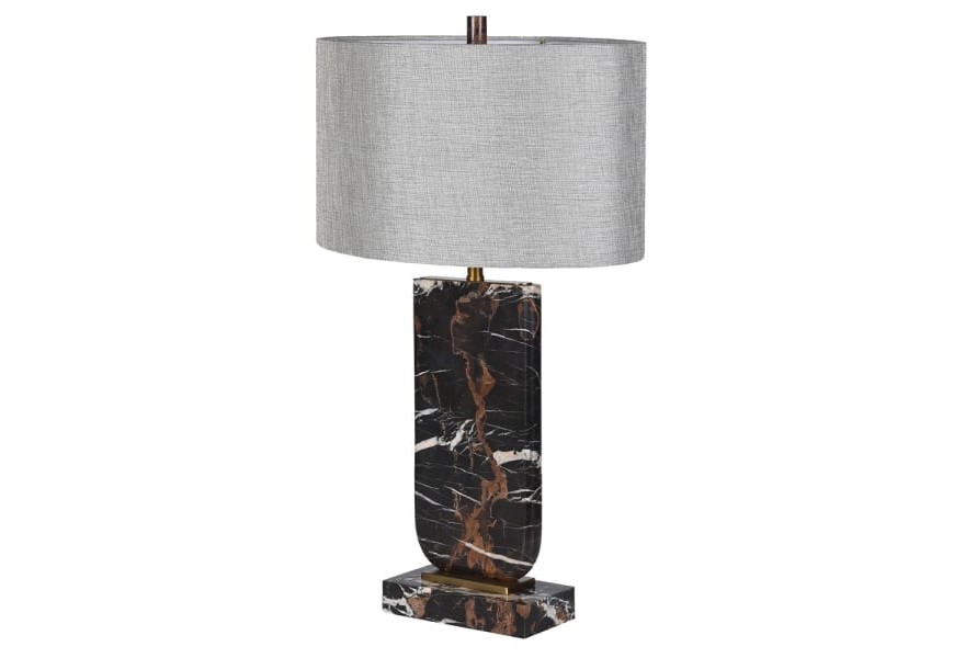 Art deco mramorová nočná lampa Astrida s obdĺžnikovou mramorovou podstavou a zaoblenou stredovou časťou s oválnym sivým tienidlom