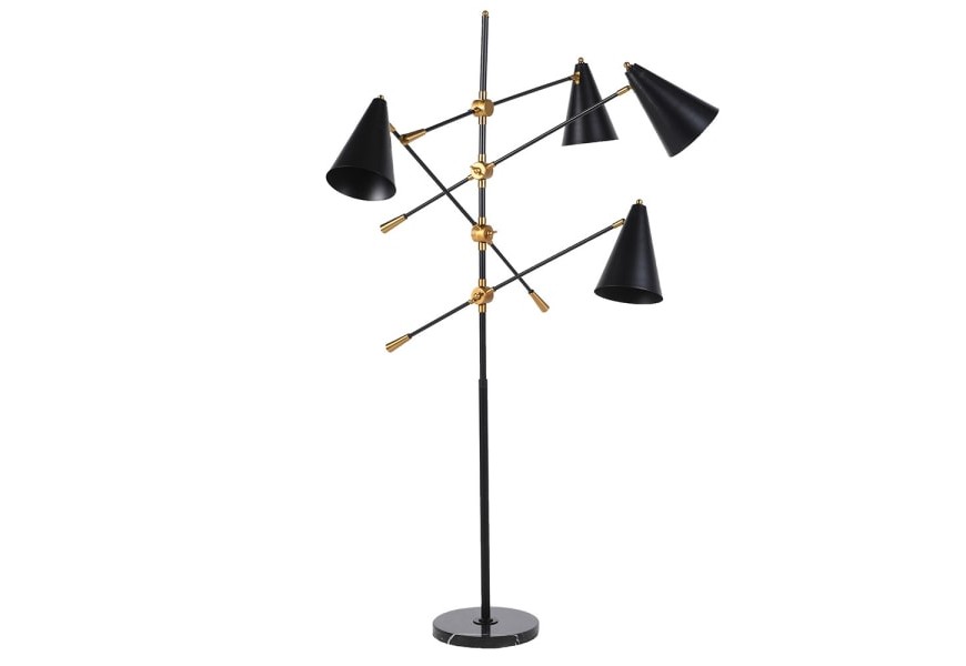 Luxusná art deco čierna stojaca lampa Twin so štyrmi tienidlami a mramorovou podstavou 174 cm 