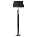Art deco vysoká stojaca lampa Falcone s čiernym valcovým tienidlom so striebornými detailmi a štvorcovou kovovou podstavou
