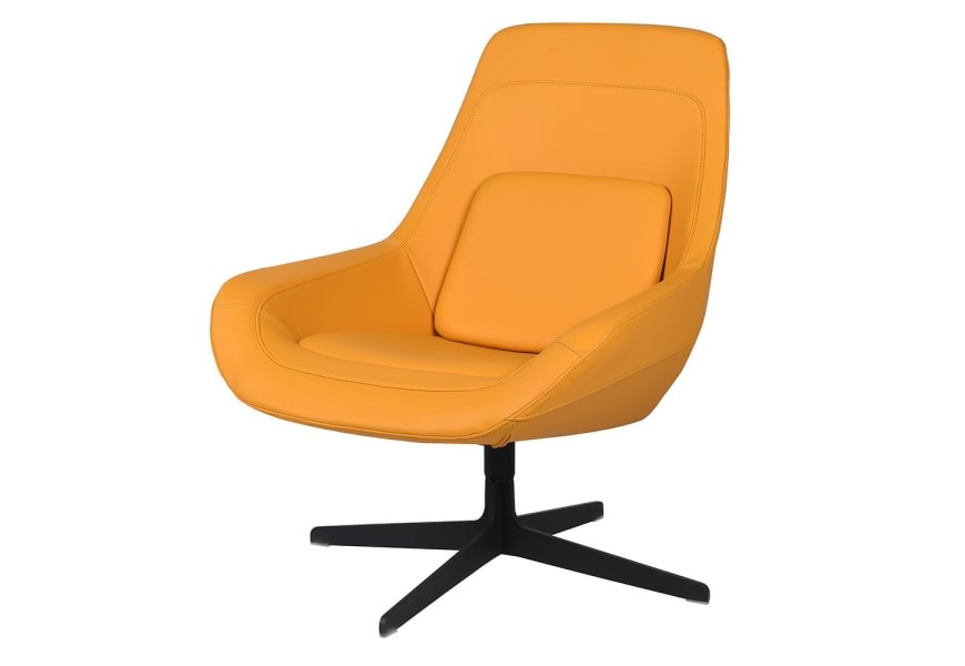 Dizajnové otočné kreslo Averro v žltej farbe s eko koženým poťahom s otočnou funkciou a vysokým operadlom so štvrocovým vankúšom a kovovou čiernou podstavou