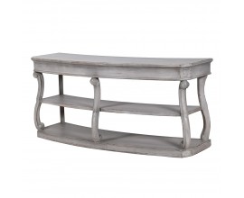 Luxusný vintage sivý konzolový stolík Fogley s efektom zošúchaného náteru s klasickými dvakrát prehnutými nohami a dvomi policami z masívneho recyklovaného dreva
