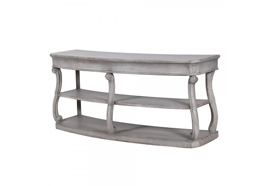 Luxusný vintage sivý konzolový stolík Fogley s efektom zošúchaného náteru s klasickými dvakrát prehnutými nohami a dvomi policami z masívneho recyklovaného dreva