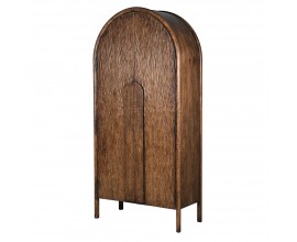 Luxusná art deco dvojdverová skriňa Pierot z masívneho recyklovaného dreva v hnedej farbe s vintage povrchovou úpravou s policami na štíhlych nožičkách s oblúkom vo vrchnej časti a geometrickou dlhou úchytkou