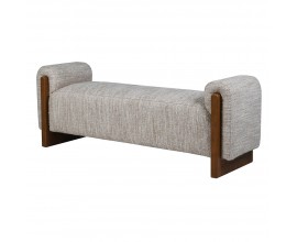 Luxusná moderná čalúnená lavica Adnan s textilným poťahom v melírovanom béžovom a bielom prevedení s nízkymi bočnými opierkami s drevenou konštrukciou v naturálnej hnedej farbe