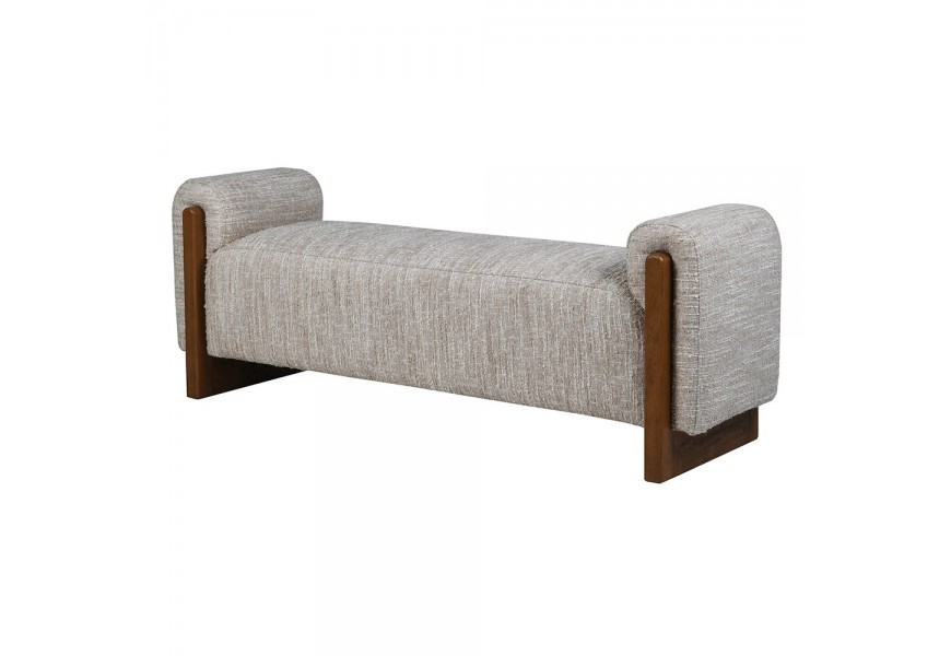 Luxusná moderná čalúnená lavica Adnan s textilným poťahom v melírovanom béžovom a bielom prevedení s nízkymi bočnými opierkami s drevenou konštrukciou v naturálnej hnedej farbe
