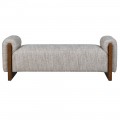 Luxusná retro lavica Adnan s bočnými opierkami s hnedou drevenou konštrukciou a béžovým melírovaným poťahom 150 cm