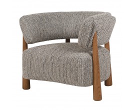 Luxusné retro čalúnené kreslo Miako s mohutnou sedacou časťou a opierkou v tvare U s poťahom zo štruktúrovanej textílie v hnedosivej farbe so štyrmi nohami z masívneho dreva v kužeľovitom tvare v naturálnej hnedej farbe