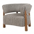 Luxusné retro čalúnené kreslo Miako s mohutnou sedacou časťou a opierkou v tvare U s poťahom zo štruktúrovanej textílie v hnedosivej farbe so štyrmi nohami z masívneho dreva v kužeľovitom tvare v naturálnej hnedej farbe