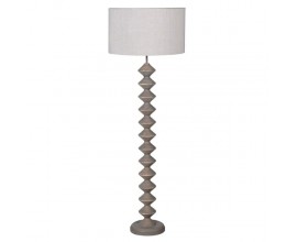 Luxusná vidiecka stojaca lampa Quart s vyrezávanou drevenou nohou a ľanovým tienidlom v sivej farbe 155 cm