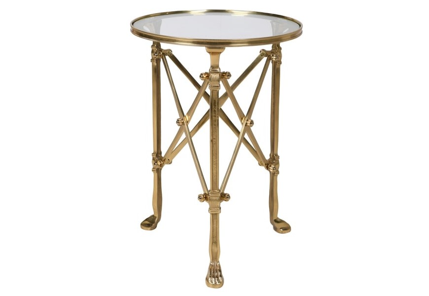 Art deco okrúhly príručný stolík Valerio so zlatou kovovou konštrukciou a sklenenou doskou 58 cm