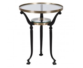 Vintage okrúhly príručný stolík Dorian s čiernou kovovou konštrukciou a zlatými detailmi s presklenou poličkou 67 cm