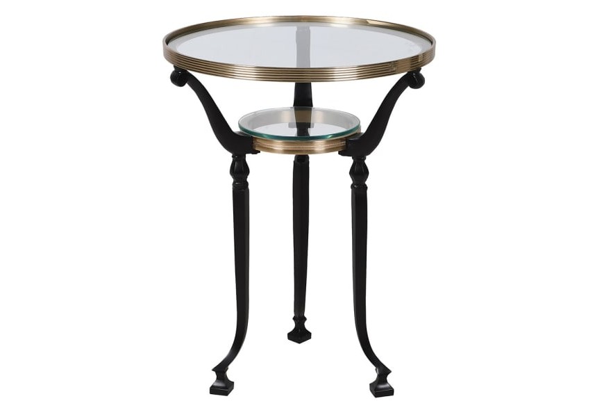 Vintage príručný stolík Dorian v okrúhlom tvare s kovovou konštrukciou so zlatým lemom a čiernymi oblými nožičkami s poličkou a vrchnou doskou zo skla