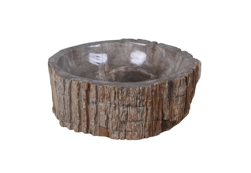 Luxusné moderné umývadlo Fossilia z lešteného skameneného dreva v nepravidelnom okrúhlom tvare v hnedej farbe