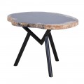 Dizajnový konferenčný stolík Helup s vrchnou asymetrickou doskou zo skameneného dreva v sivo hnedej farbe s nožičkami v čiernej farbe z kovu