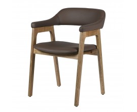 Dizajnová retro kožená jedálenská stolička Vettis s hnedým poťahom a drevenou konštrukciou 79 cm