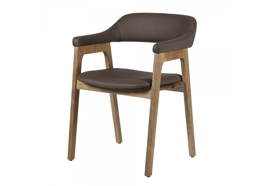 Dizajnová retro kožená jedálenská stolička Vettis s hnedým poťahom a drevenou konštrukciou 79 cm