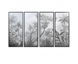 Retro sada štyroch obdĺžnikových obrazov Botanical Noir s čiernym dreveným rámom a botanickým motívom v odtieňoch sivej