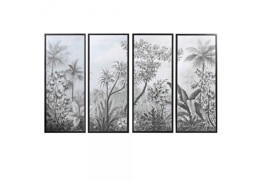 Retro sada štyroch obdĺžnikových obrazov Botanical Noir s čiernym dreveným rámom a botanickým motívom v odtieňoch sivej