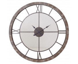 Okrúhle vintage nástenné hnedé hodiny Ironwood s kovovým výpletom a rímskymi číslicami 121 cm