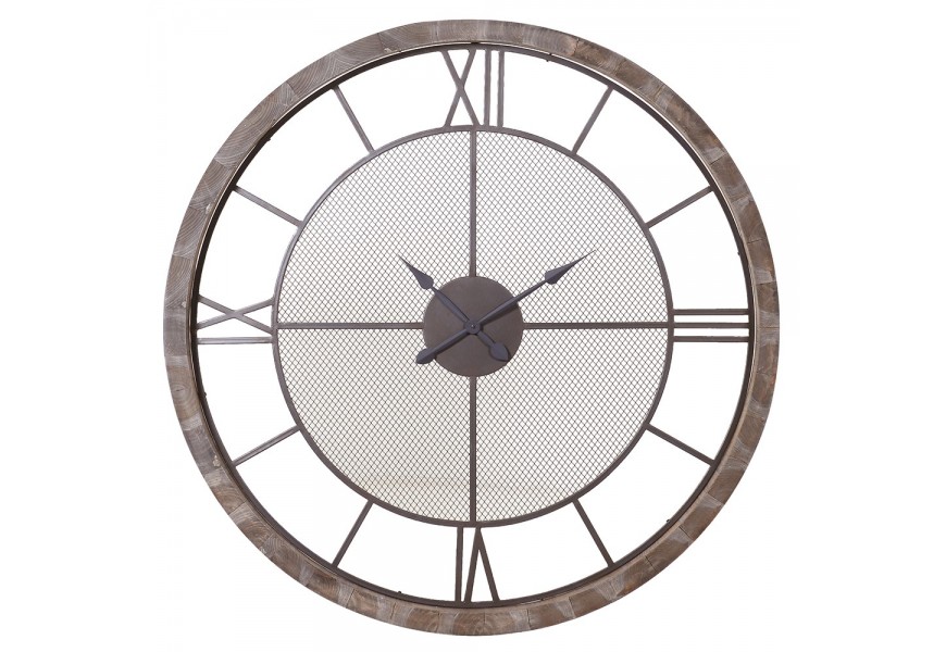 Okrúhle vintage nástenné hnedé hodiny Ironwood s kovovým výpletom a rímskymi číslicami 121 cm