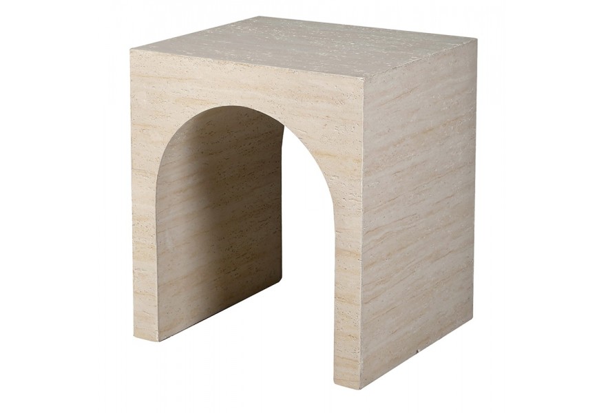 Moderný príručný stolík Cube Travertino s oblúkovým dizajnom v krémovej farbe 52 cm