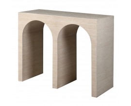 Moderný obdĺžnikový mramorový konzolový stolík Cube Travertino s dvojitým oblúkom a tromi nohami s travertínovým povrchom v krémovom odtieni