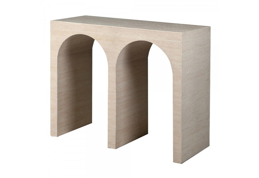 Moderný obdĺžnikový mramorový konzolový stolík Cube Travertino s dvojitým oblúkom a tromi nohami s travertínovým povrchom v krémovom odtieni
