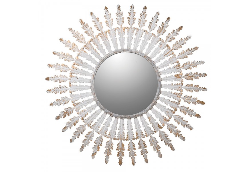 Dizajnové glamour zrkadlo Soleil s bielym kovovým rámom a zlatou patinou 100 cm
