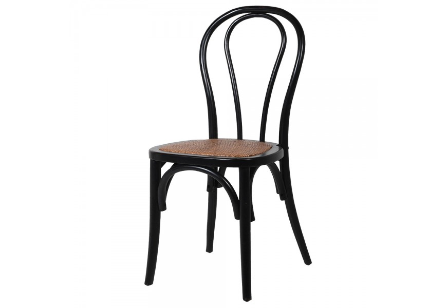 Vintage ratanová jedálenská stolička Noir Bentwood s čiernym lakovaným rámom z bukového a brestového dreva so zaobleným operadlom a hnedým ratanovým výpletom