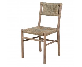 Dizajnová etno jedálenská stolička Nara z brestového dreva s výpletom z morskej trávy v zelenej hnedej farbe a geometrickým vzorom