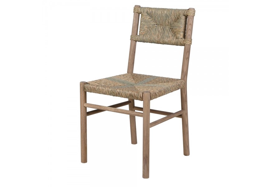 Dizajnová etno jedálenská stolička Nara z brestového dreva s výpletom z morskej trávy v zelenej hnedej farbe a geometrickým vzorom