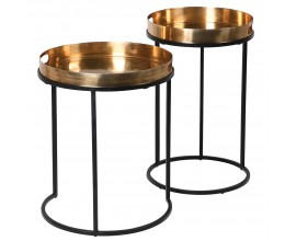 Dizajnová glamour sada dvoch okrúhlych príručných stolíkov Bassette s čiernymi podstavami a mosadznými zlatými doskami  57 cm