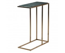 Glamour mramorový obdĺžnikový príručný stolík Nashik s lineárnou podstavou z nehrdzavejúcej ocele v lesklej zlatej farbe so zelenou kamennou doskou
