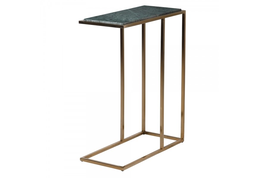 Glamour mramorový obdĺžnikový príručný stolík Nashik s lineárnou podstavou z nehrdzavejúcej ocele v lesklej zlatej farbe so zelenou kamennou doskou